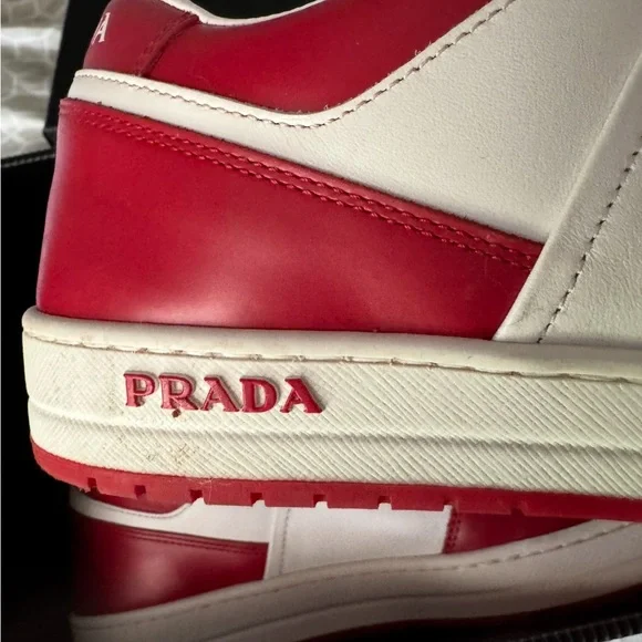 Prada Men's Red and White Leather Sneakers - Picture 4 of 7